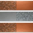 COMPOSIZIONE 11: Base legno 3 pezzi cm 60x15, colori acrilici metallizzati e filo metallico tagliato a chiodini.